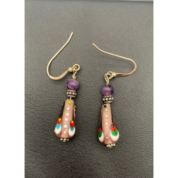 Purple Glass Hand Painted Dangle Pierced Earrings Artsy Wearable Art - Picture 1 of 3